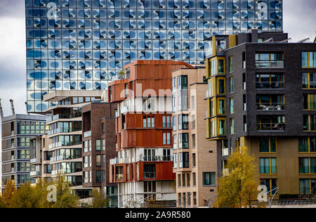 Hamburg, Hafen, Elbe, Elbphilharmonie, Wohngebäude in der Hafencity, Stockfoto