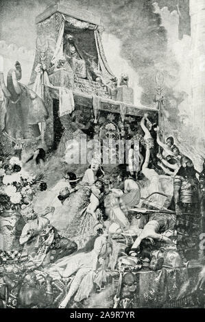 Sardanapalus, entsprechend dem griechischen Schriftsteller Ctesias, der letzte König von Assyrien. Historiker glauben jedoch, dass es Ashur-uballit II (612 - 605 v. Chr.). Autoren sagen, dass er im siebten Jahrhundert lebte und lebte ein Leben in Luxus und Genuss. Geschichte sagt zu vermeiden Rebellen, bedroht und wurden in der Nähe auf ihn stürzen, fällt er einem riesigen Scheiterhaufen errichtet und hatte sich selbst und seine Kämmerer und Konkubinen und seine Fülle alle verbrannt auf dem Scheiterhaufen - wie hier gezeigt. Stockfoto