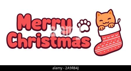 Cute cartoon Cat in Weihnachtsstrumpf und Text frohe Weihnachten. Kawaii Grußkarte mit Kitty in Socken und Pfotenabdruck. Vector clip art Illustration. Stock Vektor