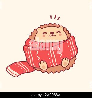 Cute cartoon hedgehod in großen warmen Schal. Adorable Baby Igel zeichnen, isolierte Vector Illustration. Winterurlaub Grußkarte. Stock Vektor