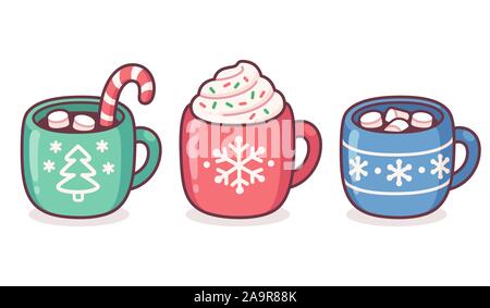 Weihnachten heiße Schokolade und Kaffee Tasse. Warme saisonale Getränke mit Zuckerstange, Schlagsahne, Marshmallows und Streuseln. Cute cartoon Vektor illus Stock Vektor