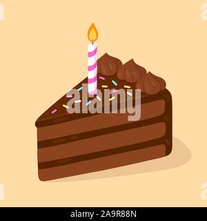 Stück Schokolade Geburtstagskuchen mit Kerze. Alles Gute zum Geburtstag Greeting Card Design Element. Cartoon Stil vector clip art Illustration. Stock Vektor