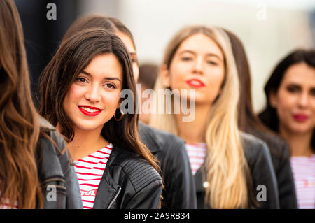 17. November 2019; Circuit Ricardo Tormo, Valencia, Spanien, Valencia MotoGP, Race Day; ein Grid Girl posiert in den letzten Grand Prix des Kalenders Credit: Pablo Guillen/Alamy leben Nachrichten Stockfoto