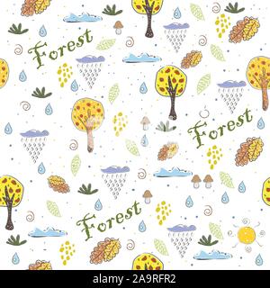 Herbst Bäume und Wolken. Hand gezeichnet, im skandinavischen Stil. Vector Illustration Stock Vektor