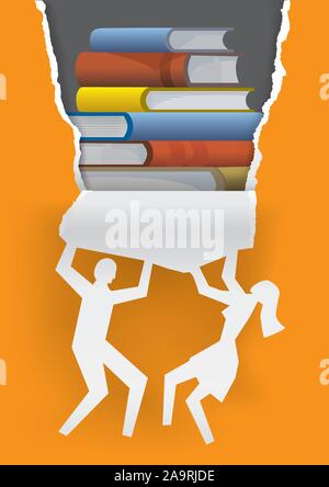 Entdecken Sie gute Literatur, Werbung Konzept. Stilisierten männlichen und weiblichen Silhouette ripping Papier Hintergrund mit Büchern. Vektor zur Verfügung. Stock Vektor