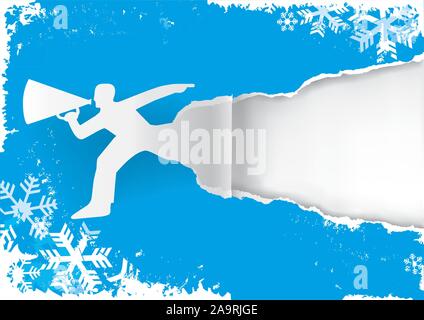 Mann mit Megaphon auf grunge style Papier Hintergrund mit Schneeflocken. Abbildung: geeignet für Original winter Flyer oder Banner. Vektor zur Verfügung. Stock Vektor