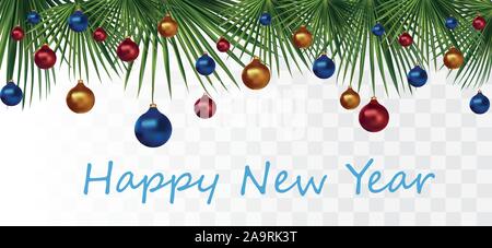 Weihnachten Spielzeug auf tropischen palm leaf. Schöne Weihnachten Banner. Green Palm Leaf mit Weihnachten Kugeln auf transparenten Hintergrund. Vektor iilustration Stock Vektor