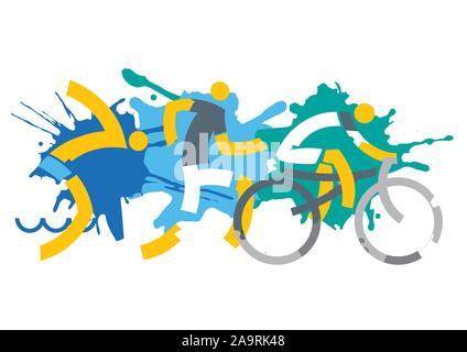 Drei Triathlon Racers auf splatters Hintergrund. Ausdrucksstarke dynamische Zeichnung Drei triathlon Athleten auf der grunge Hintergrund. Vektor zur Verfügung. Stock Vektor