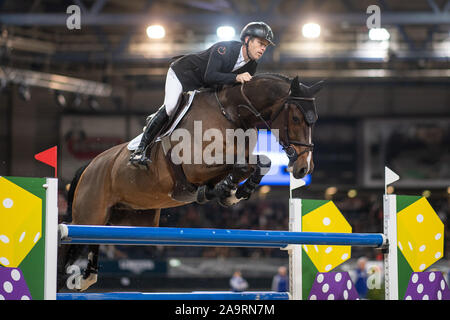 Stuttgart, Deutschland. 17. Nov, 2019. 35Th Stuttgart German Masters, World Cup, Reitsport, Springreiten, Grand Prix Stuttgart: Großbritanniens Scott Brash reitet auf seinem Pferd Hallo Senator. Er nahm den dritten Platz. Credit: Sebastian Gollnow/dpa/Alamy leben Nachrichten Stockfoto