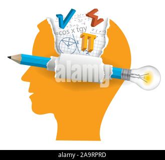Intelligente Lösungen, Student of Mathematics. Stilisierte Silhouette mit Malerkopf, Mathematiksymbolen und Bleistift mit Glühlampe. Vektor verfügbar. Stock Vektor