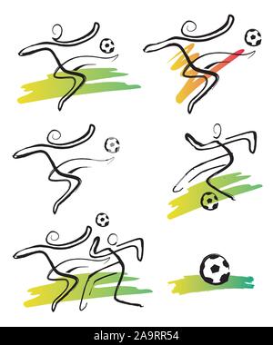 Fußball-Spieler Symbole. Einstellen der expressiven Symbole mit Fußball kicken eine Kugel. Imitation von Tinte Zeichnung. Auf weissem Hintergrund. Vektor zur Verfügung. Stock Vektor