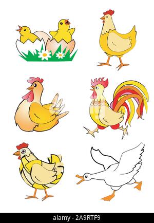 Huhn, Henne, Hahn und Gans - Cartoon. Bunte Stilisierte Abbildungen von Huhn, Henne, Hahn und Gans. Auf weissem Hintergrund. Stock Vektor