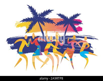 Disco Party am Strand bei Sonnenuntergang. Expressiv, abstrakt stilisierten Abbildung: tanzende Menschen auf grunge Hintergrund mit Palmen. Vector zur Verfügung. Stock Vektor