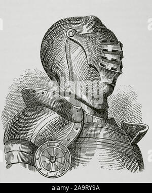 Die mittelalterliche Ritter Helm mit Visier. Gravur. Museo Militar, 1883. Stockfoto