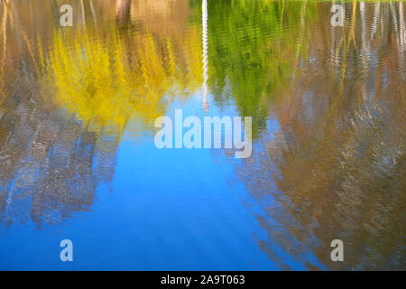 Teich Oberfläche im Frühling mit reflektierenden der Himmel, die Bäume und die elektrische Unterstützung im welligen Wasser Stockfoto