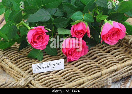 Danke Karte mit rosa Wildrosen auf wicker Fach Stockfoto