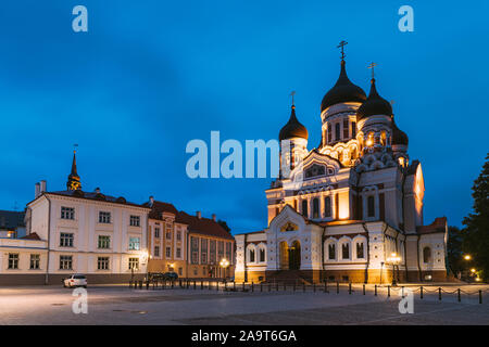 Tallinn, Estland. Gebäude von Alexander Nevsky Kathedrale n der Nacht. Berühmte Orthodoxe Kathedrale. Stockfoto