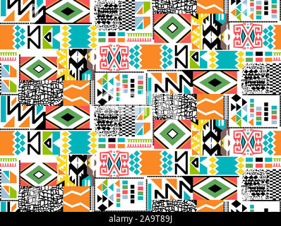 Nahtlose Muster von Patchwork mit blauer Farbe. Ethnische und tribale Motive für Textildrucke Stoff ausgelegt. Bunte drucken für Textilien. Stockfoto