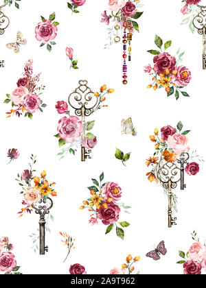Nahtlose florales Muster mit Tasten und Blumen. Hand gemalte Aquarell Bild auf weißem Hintergrund. Stockfoto