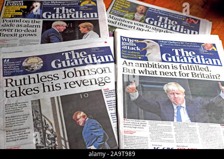 "Rücksichtslose Johnson nimmt seine Rache'' Ehrgeiz erfüllt, was als Nächstes für Großbritannien?" Schlagzeilen auf der Titelseite der Guardian Papier in 2019 London, Großbritannien Stockfoto