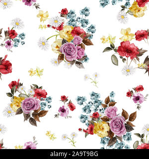 Nahtlose Muster eines schönen Blumen Blumenstrauß. Nahtlose Aquarell florale Muster auf weißem Hintergrund für Textildruck. Stockfoto