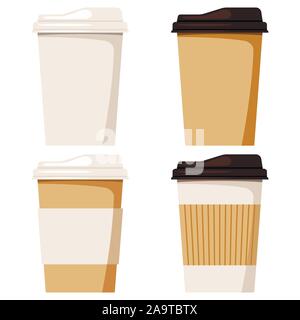 Kaffee oder Tee Tasse mit Deckel Icon Set, Vorderansicht, auf weißem Hintergrund. Stock Vektor