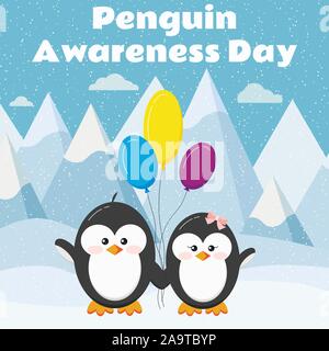 Pinguin Bewußtsein Tag Karte mit niedlichen Pinguin paar Junge und Mädchen stehen mit bunten Ballons auf Arktis Hintergrund. Stock Vektor