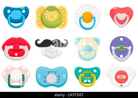 Abbildung auf Thema große farbige Set baby Schnuller, Dummy mit Gummi Nippel. Baby Schnuller aus der Sammlung zu den Neugeborenen, gute dummy Brustwarze. Stock Vektor