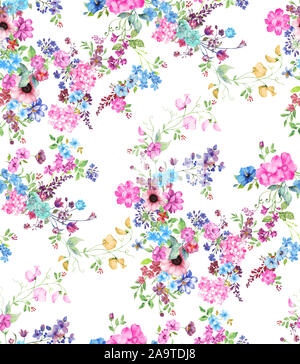 Aquarell nahtlose Muster mit kleinen Blüten. Hand gemalte Aquarell Bild auf weißem Hintergrund. Stockfoto