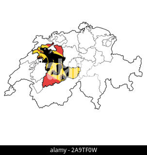 Flagge und Territorium von Bern Kanton auf der Karte von administrativen Abteilungen der Schweiz Stockfoto