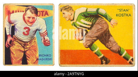 Universität von Minnesota Fußball Spieler Bronko Nagurski und Stan Kostka auf 1935 Nationale Chicle Co Fußball Karten. Bronislau Bronko Nagurski ist Feat Stockfoto