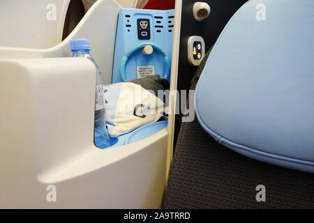 NEWARK, NJ-11 Nov 2019 - Ansicht der inneren Kabine eines Airbus A321 Neo auf dem französischen Business Class nur Airline La Compagnie (B0) an der Newark Li Stockfoto