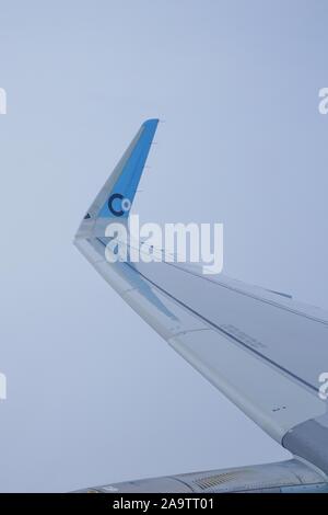 NEWARK, NJ-11 Nov 2019 - Blick auf die blauen und weißen Winglet eines Airbus A321 Neo auf dem französischen Business Class nur Airline La Compagnie (B0). Stockfoto