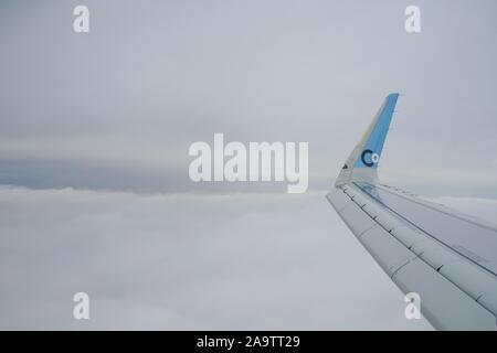 NEWARK, NJ-11 Nov 2019 - Blick auf die blauen und weißen Winglet eines Airbus A321 Neo auf dem französischen Business Class nur Airline La Compagnie (B0). Stockfoto