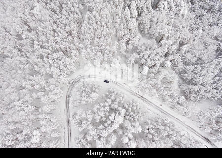 Auto auf der Straße im Winter durch einen Wald mit Schnee bedeckt. Luftaufnahmen von einer Straße im Winter durch einen Wald mit Schnee bedeckt. High Mountain Pass. Stockfoto