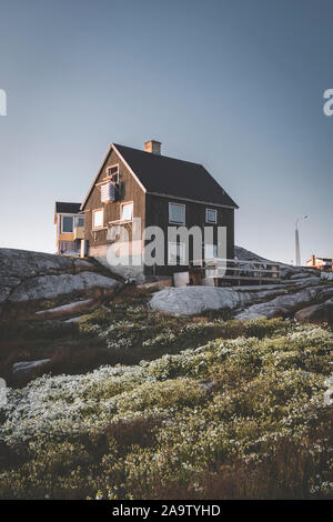 Das bunte Haus der Rodebay Ilulissat, Grönland. Diese Siedlung liegt auf einer kleinen Halbinsel ragt aus dem Festland in östliche Diskobucht entfernt Stockfoto