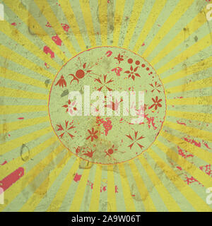 Grunge sunburst Hintergrund und Rustikale Texturen in Gelb, Hellgrün und Korallen. Wenig Korallen Blumen alle Interesse an diesem Flecken abstrakt 12 x 12 di Stockfoto