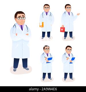 Flache Arzt Charakter Portrait auf weißem Hintergrund. Jungen Arzt in Laborkittel. Mit verschränkten Armen mann Spezialisten mit medizinischer Forschung, Erste Hilfe Kit Tasche Stock Vektor