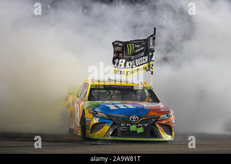 Homestead, Florida, USA. 17. Nov, 2019. Kyle Busch (18) gewinnt den NASCAR Monster Energy NASCAR Cup Series Meisterschaft an Homestead-Miami Speedway in Homestead, Florida. (Bild: © Stephen A. Arce Asp Inc/ASP) Stockfoto