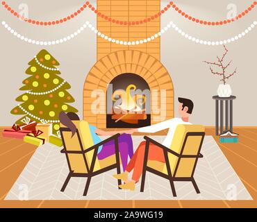 Paar sitzen am Kamin Weihnachten Neujahr feier Konzept Mann Frau halten sich an den Händen entspannen in Weihnachten Abend modernes Wohnzimmer Innenraum Rückansicht Vector Illustration Stock Vektor