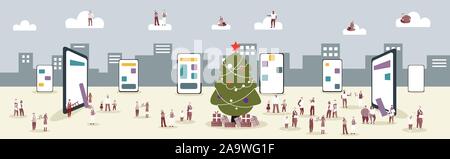 Menschen in santa Hüte mit online mobile Anwendung Männer Frauen in Corporate Partei Weihnachten Neujahr Konzept der Bildschirm des Smartphones Stadtbild horizontale voller Länge Vektor illustration Stock Vektor