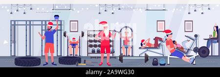 Menschen und Santa Claus Übungen Männer Frauen in Hüte Training Training Konzept Weihnachten Neujahr Feier gesunder Lebensstil moderner Fitnessraum Interieur voller Länge horizontale Vektor illustration Stock Vektor