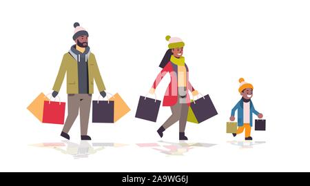 Familie wandern mit bunten Tüten frohe Weihnachten Frohes neues Jahr winter Shopping Konzept afrikanische amerikanische Eltern mit Kind Holding kauft Horizontale voller Länge Vektor illustration Stock Vektor