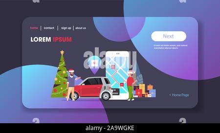 Mann Frau in santa Hüte mit online mobile Anwendung Bestellung taxi Car sharing Konzept Paar feiert Weihnachten kopieren Platz horizontale Vektor illustration Stock Vektor