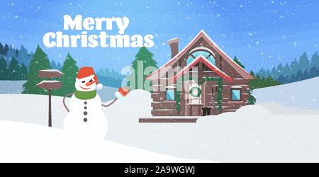 Schneemann in der Nähe winter schnee Holzhaus in einem Pinienwald frohe Weihnachten Frohes neues Jahr Urlaub feier Konzept Grußkarte Landschaft Hintergrund horizontal Vector Illustration Stock Vektor