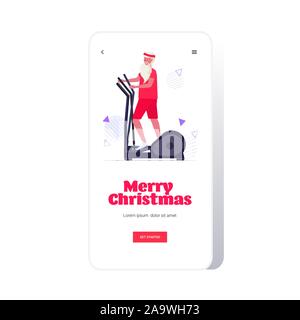 Santa claus Übungen auf Stepper Laufband bärtiger Mann training cardio Workout Konzept Weihnachten Neujahr Feier der Bildschirm des Smartphones online mobile App in voller Länge Vektor illustration Stock Vektor