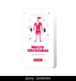 Santa claus Anheben barbell bärtiger Mann Training Workout gesunder Lebensstil Konzept Weihnachten Neujahr Feier der Bildschirm des Smartphones online mobile App in voller Länge Vektor illustration Stock Vektor