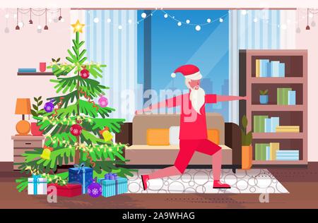Santa claus Macht hockt Übungen bärtiger Mann Training Workout gesunder Lebensstil Konzept Feiertage des neuen Jahres Feier modernes Wohnzimmer innere horizontale voller Länge Vektor illustration Weihnachten Stock Vektor