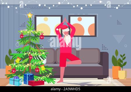 Santa claus Yoga Übungen bärtigen Mann in Baum position Training Training Konzept Weihnachten Neujahr modernes Wohnzimmer innere horizontale voller Länge Vektor illustration Stock Vektor