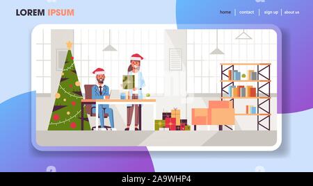 Geschäftsfrau, geben, Geschenk, präsent, um Geschäftsmann gratulieren mit frohe Weihnachten Frohes neues Jahr Winterurlaub feier Konzept moderne Büro inneren flachen voller Länge horizontale kopieren Raumzeiger Abbildung Stock Vektor